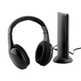 Sorte trådløse over-ear-hovedtelefoner er placeret ved siden af et matchende sort opladnings- eller senderstativ, begge på en almindelig hvid baggrund.